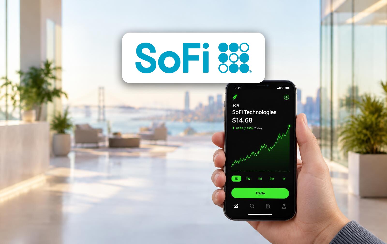 A hand holding a phone showing a rising SoFi stock chart in a trading app, below the SoFi logo, in a sunlit office overlooking San Francisco (illustration)