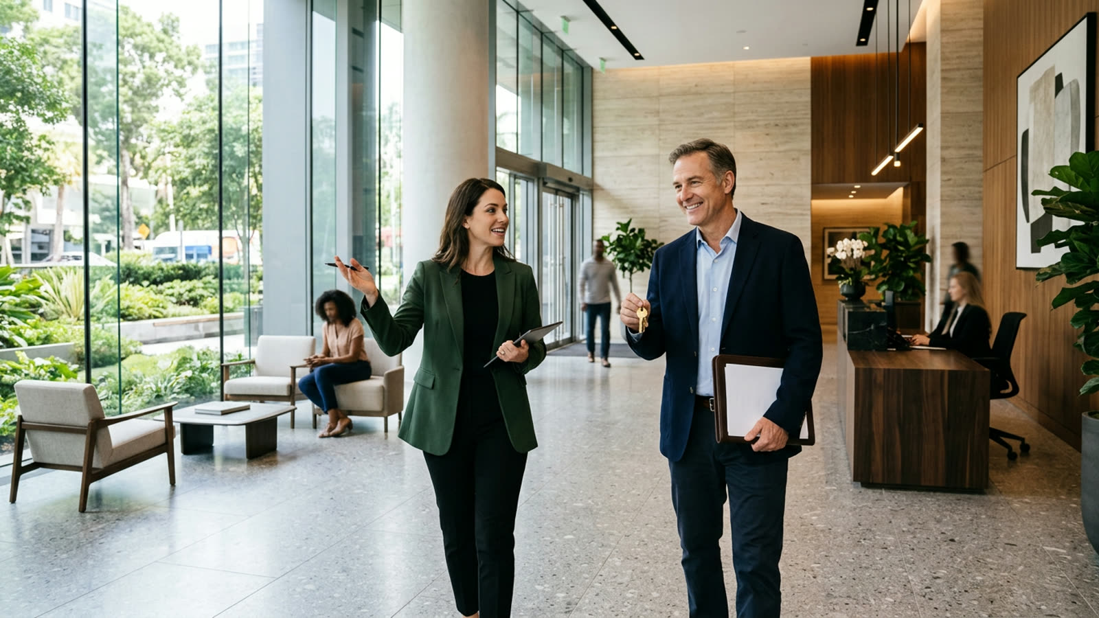A real estate investor touring a newly purchased upscale apartment building lobby with a broker, holding keys and a property folder