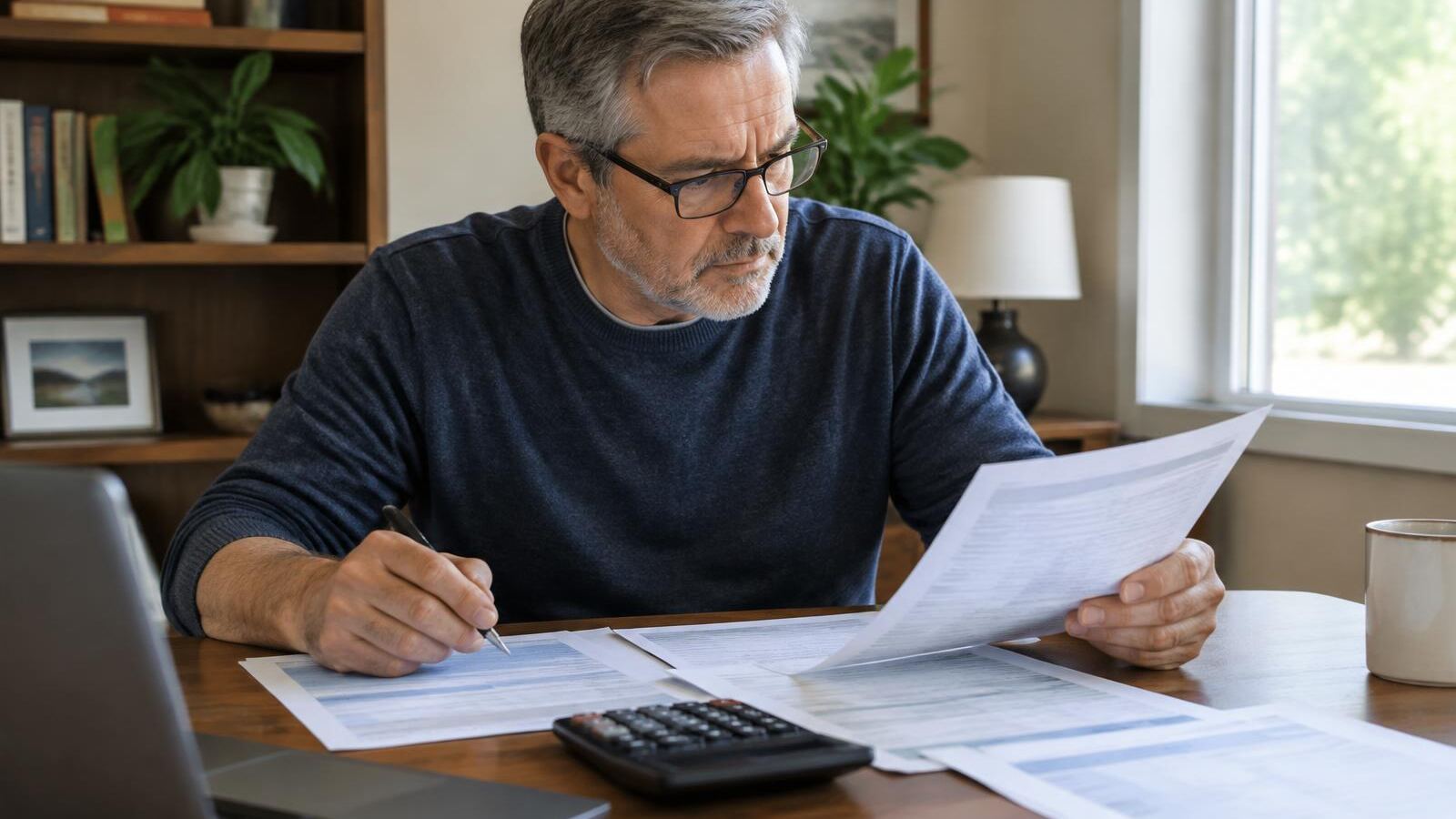 Man in his fifties reviewing retirement account statements and a withdrawal form with a calculator