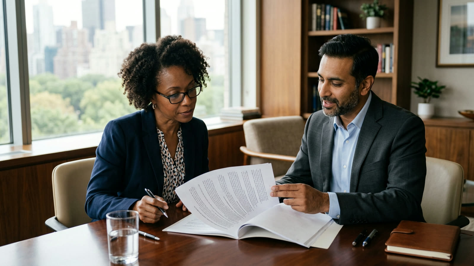 An investor in a private office reviewing a private placement document with a financial advisor