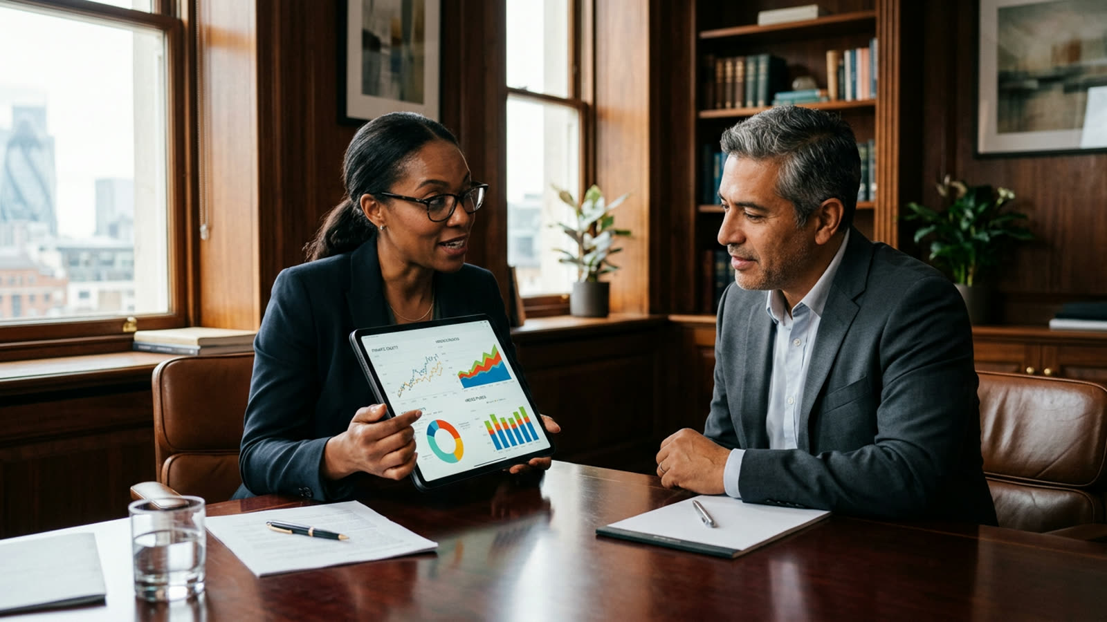 A wealth advisor presenting charts of private equity and hedge fund allocations on a tablet to a client in a wood-paneled office