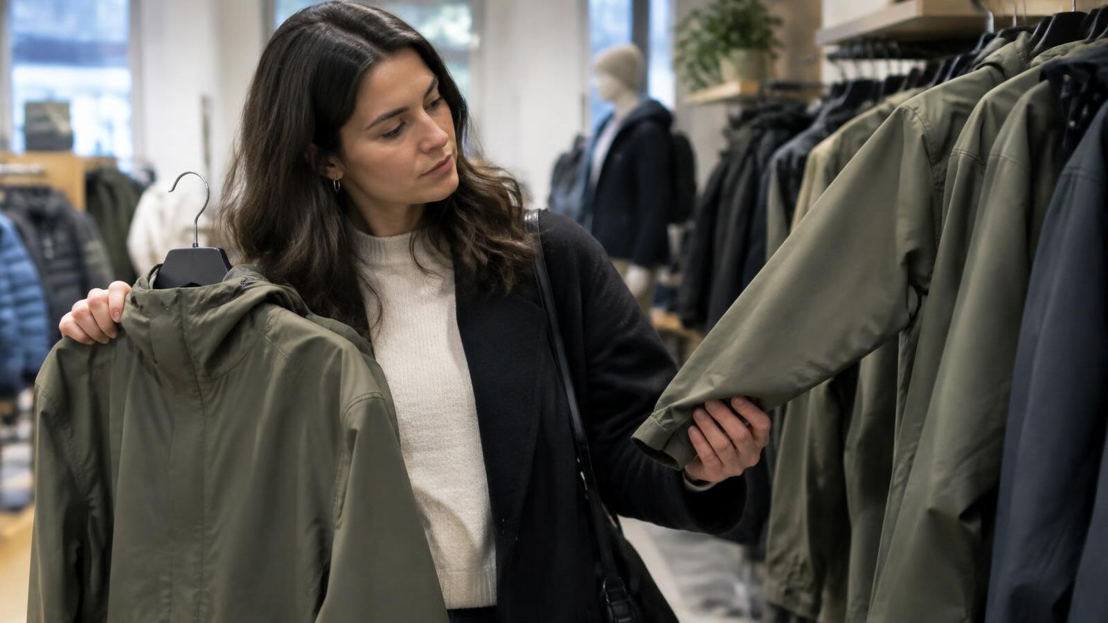 Woman comparing two similar jackets in a clothing store