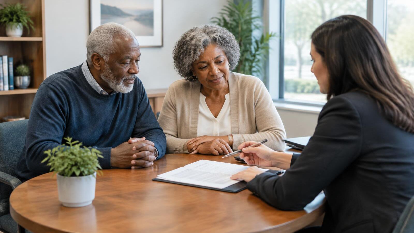 Retired couple reviewing a contract with a financial advisor