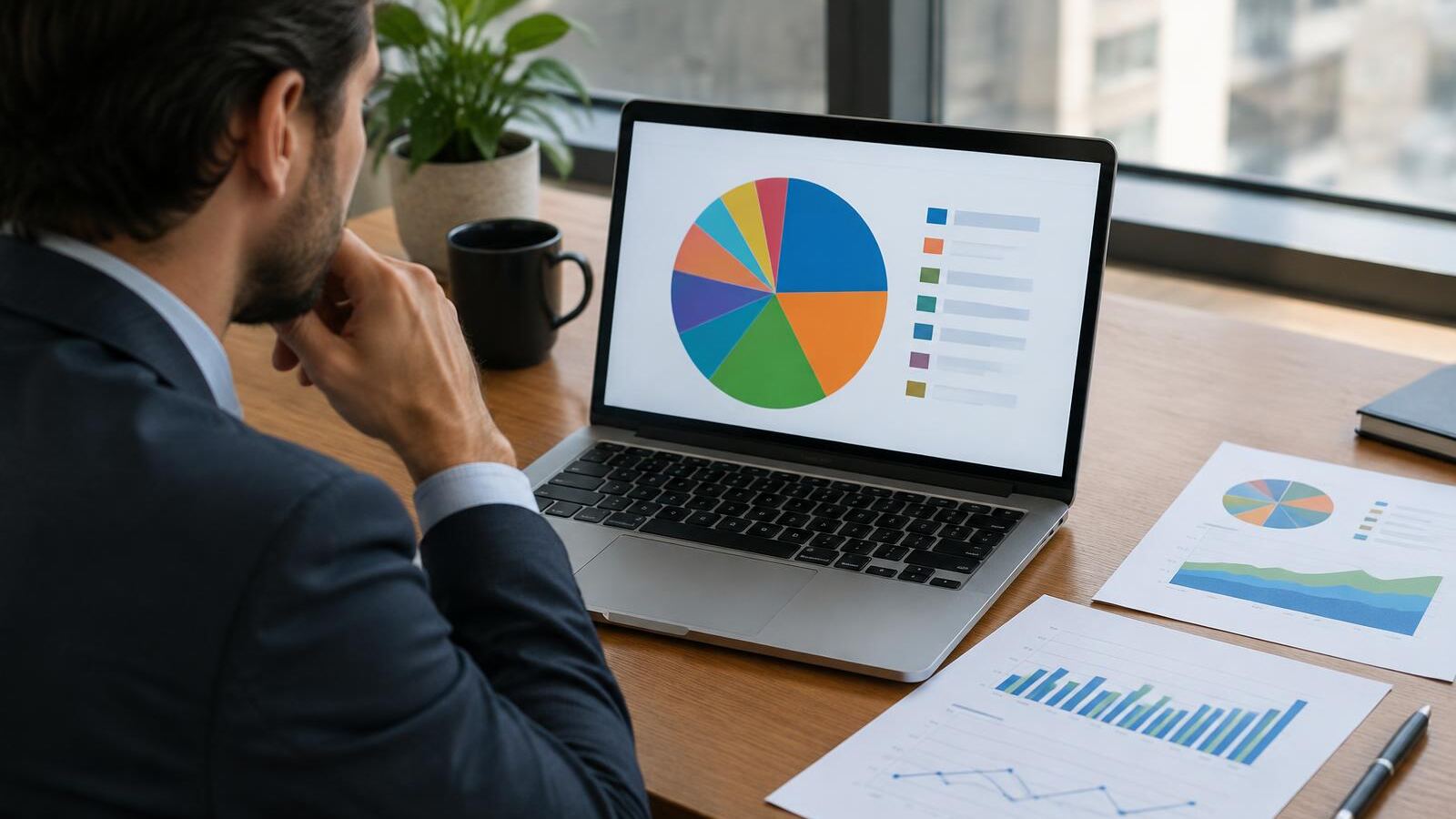 Investor studying a pie chart of a diversified portfolio on a laptop