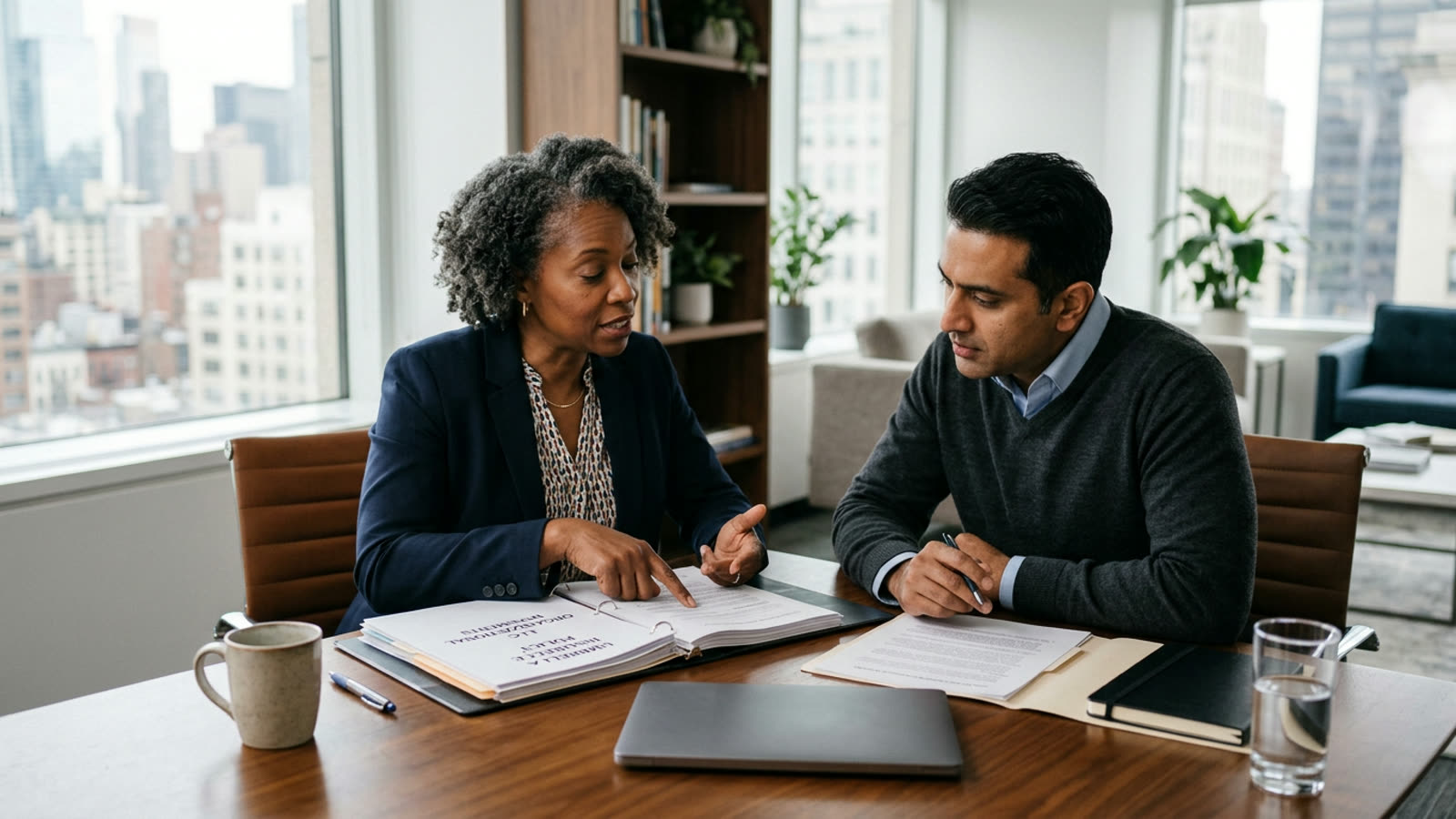 An attorney and a business owner reviewing an umbrella insurance policy and LLC documents in an office