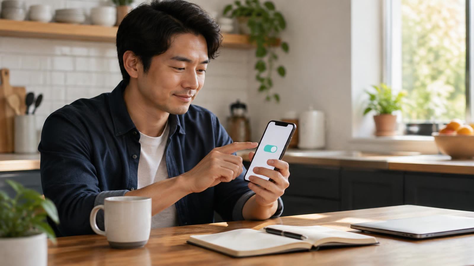 A man in his 30s turns on automatic savings on his phone at a tidy kitchen table