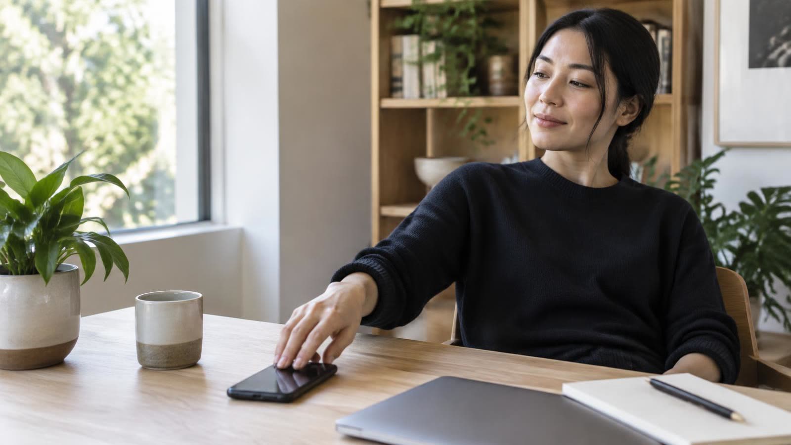 A woman calmly setting her phone face-down on her desk to stop checking it