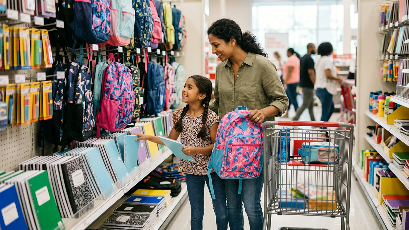 A parent and child in a store aisle choosing backpacks and notebooks with a shopping cart