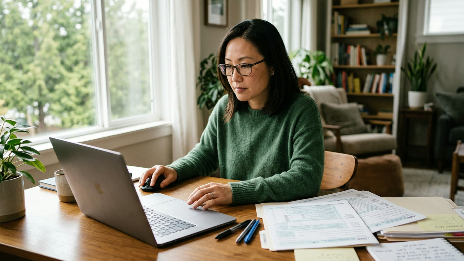 A professional at a home office desk moving funds between retirement accounts on a laptop, tax forms beside
