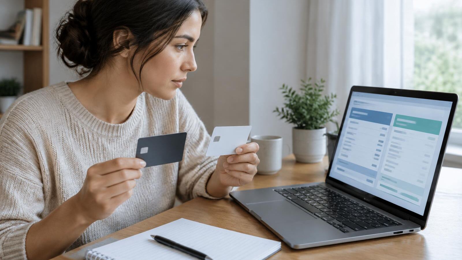 Woman comparing two credit cards while reviewing balances on her laptop