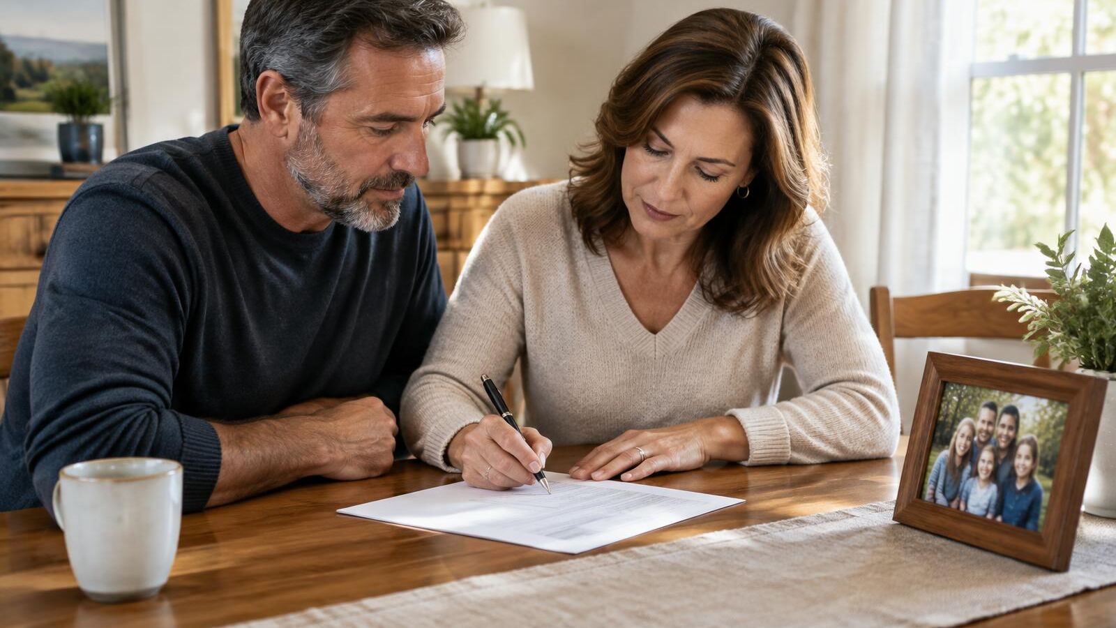 Couple filling out a form at the dining table beside a family photo