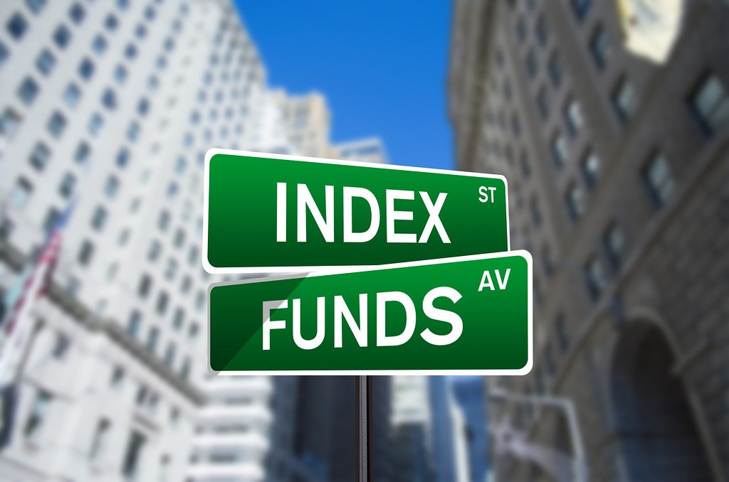 A green street sign reading "Index St" and "Funds Av" in front of tall office buildings.