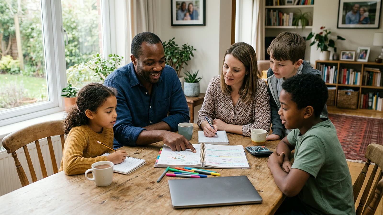 A blended family of two adults and three kids of different ages around a table with a shared budget planner