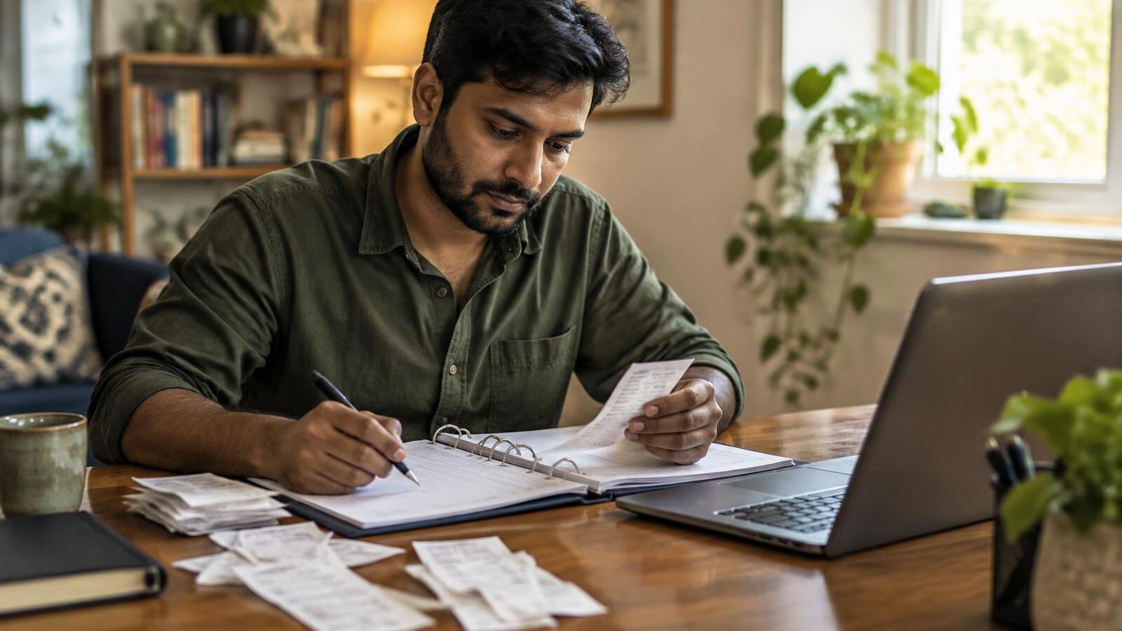 Man doing bookkeeping with receipts, a ledger binder and a laptop at a home desk