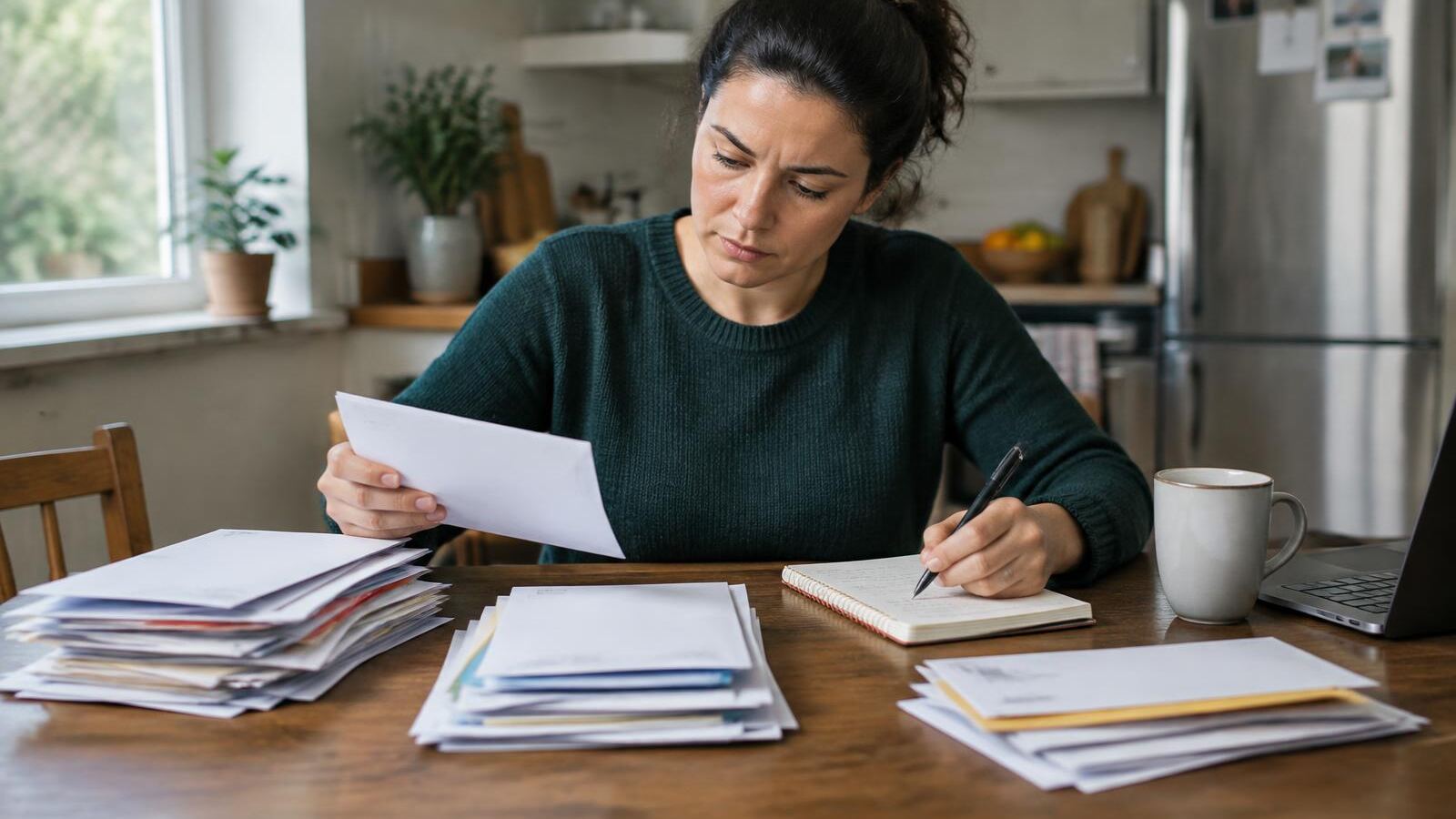Woman sorting overdue bills into piles while writing a recovery plan