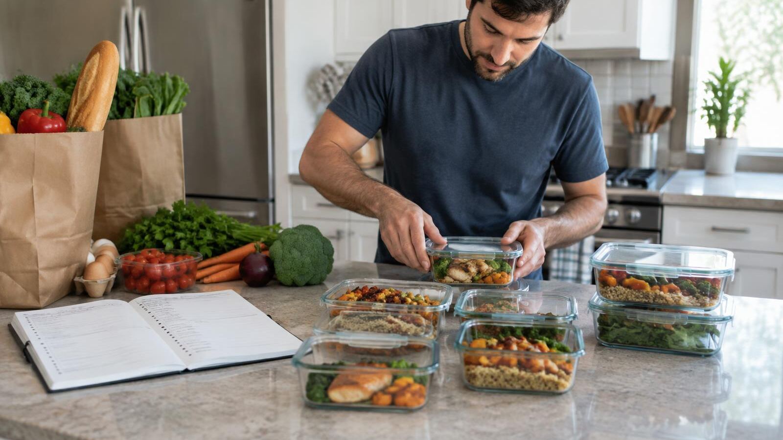 Man packing a week of home-cooked meals into containers