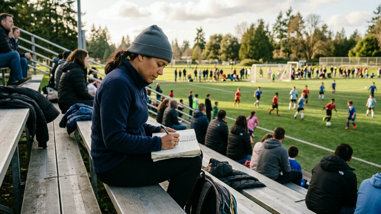 A parent on bleachers at a youth soccer game, writing in a budget notebook, kids playing on the field