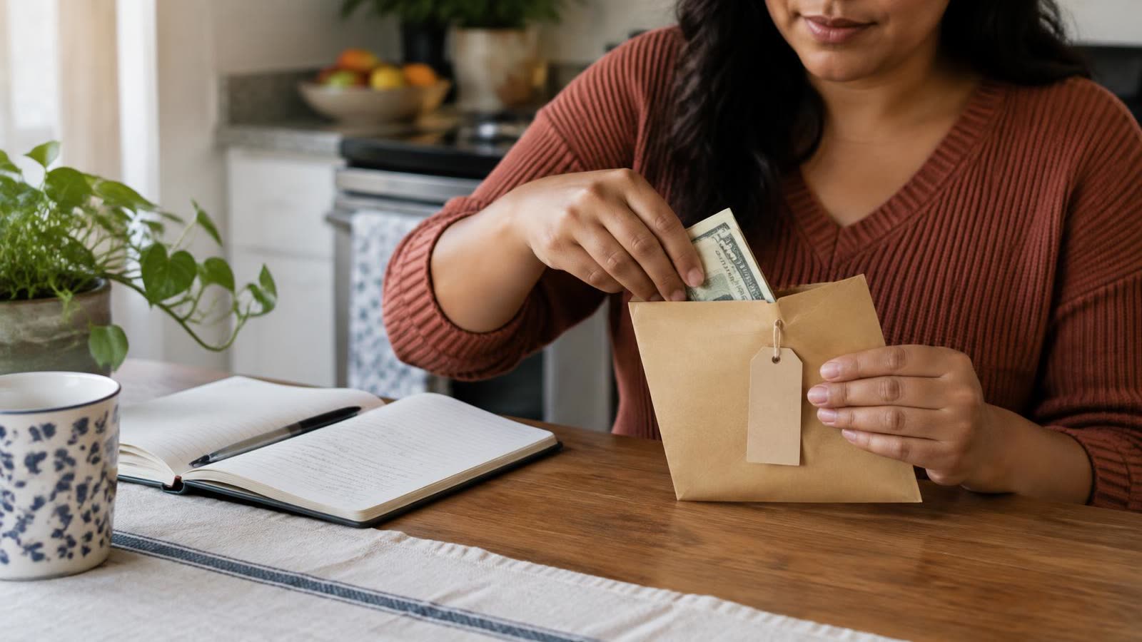 A woman putting a small amount of cash into a tagged envelope beside a budget notebook