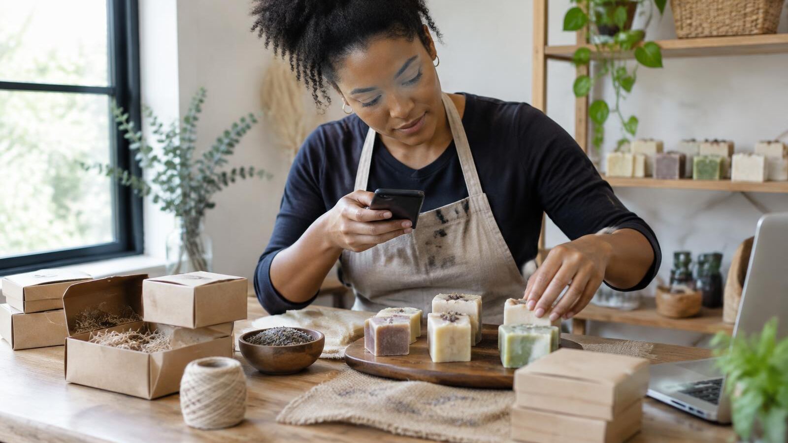 Small business owner photographing her handmade soaps and kraft packaging