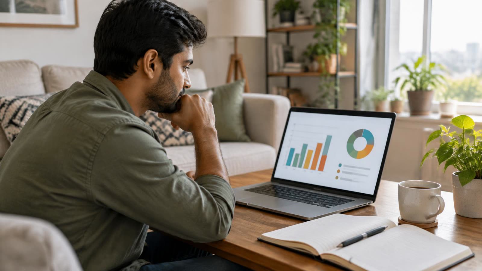 A young man at home reviewing a budget tracker app with charts on his laptop, notebook and coffee nearby