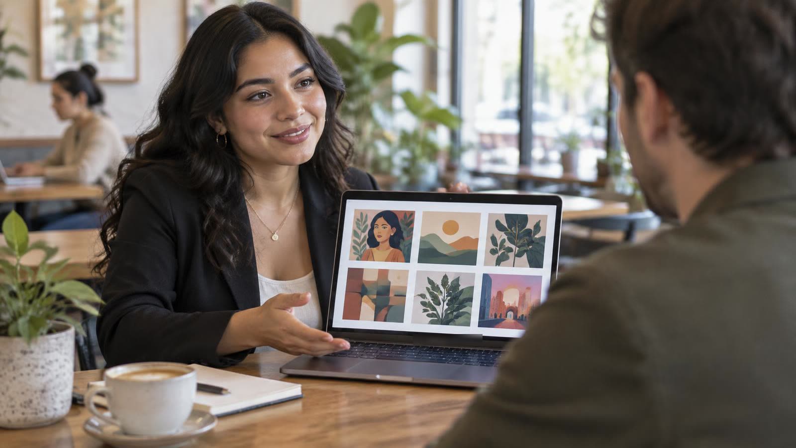 A job seeker showing design samples on her portfolio website to an interviewer