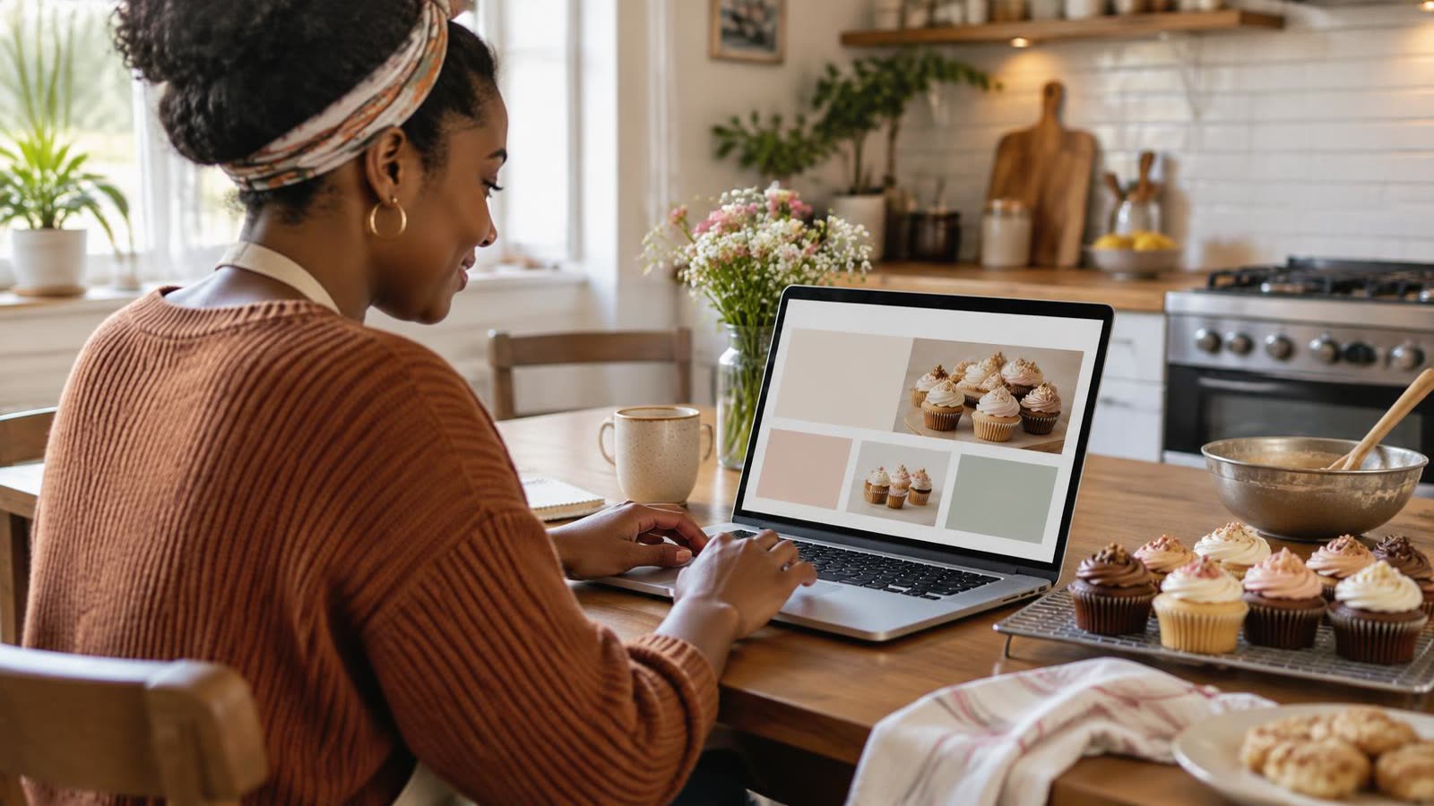 A baker building her bakery website on a laptop at her kitchen table, cupcakes beside her