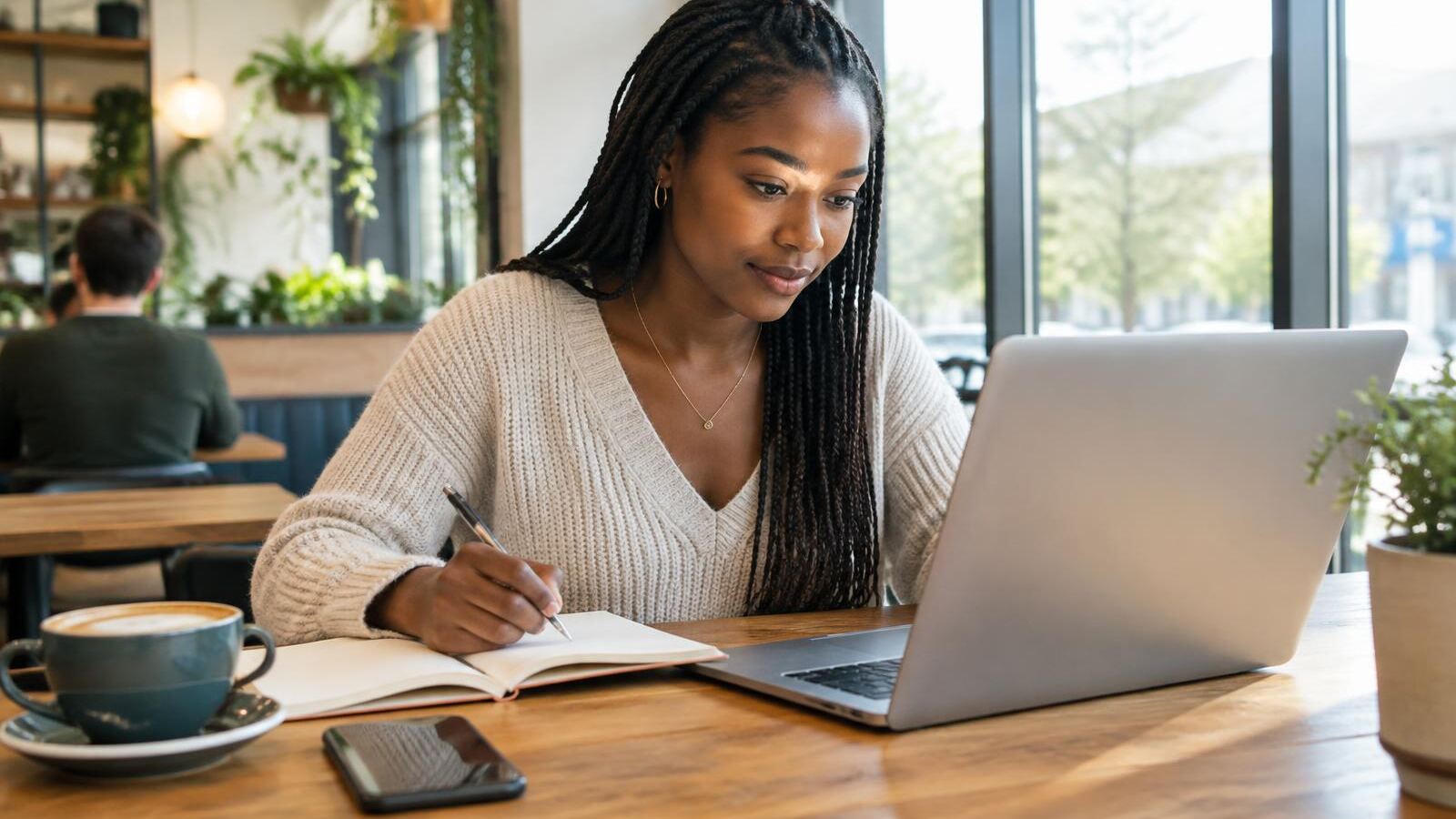 Young woman planning her finances with a laptop and notebook at a café