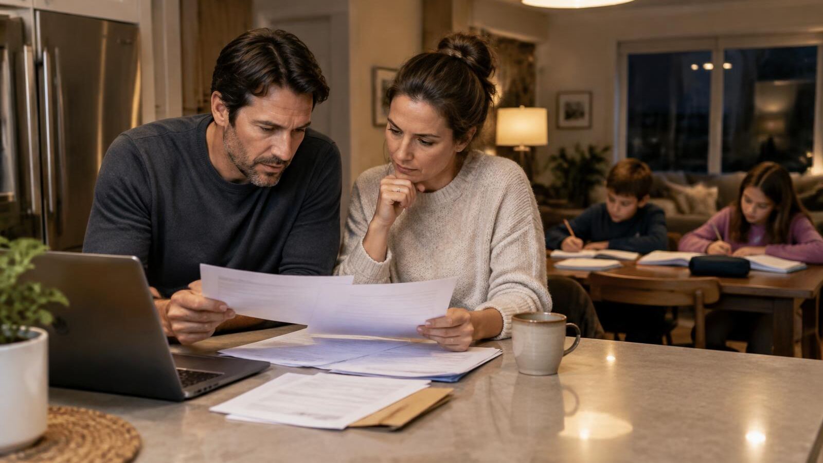 Parents reviewing papers at the kitchen island while their kids do homework