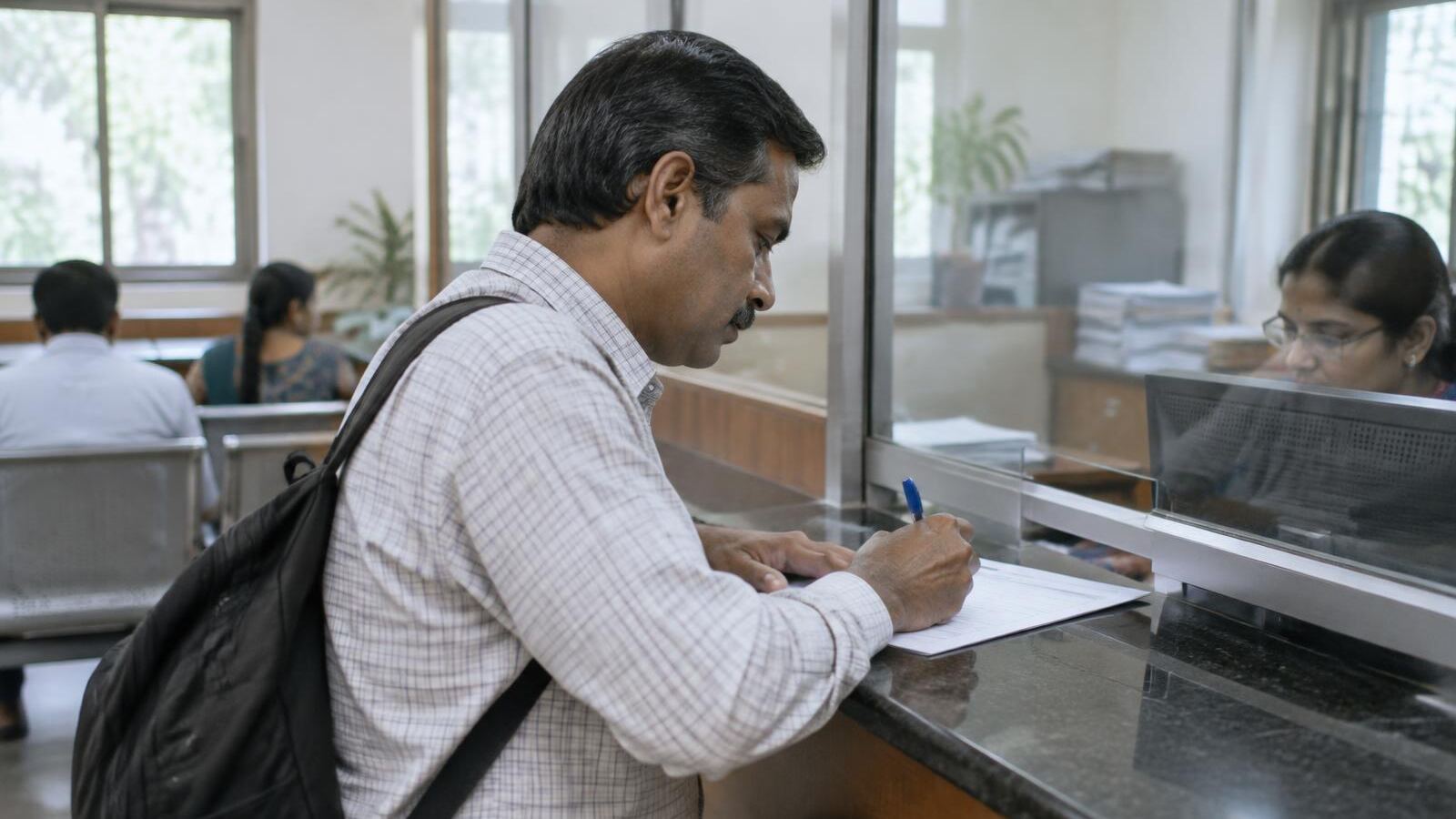 Man filling out paperwork at a government office counter