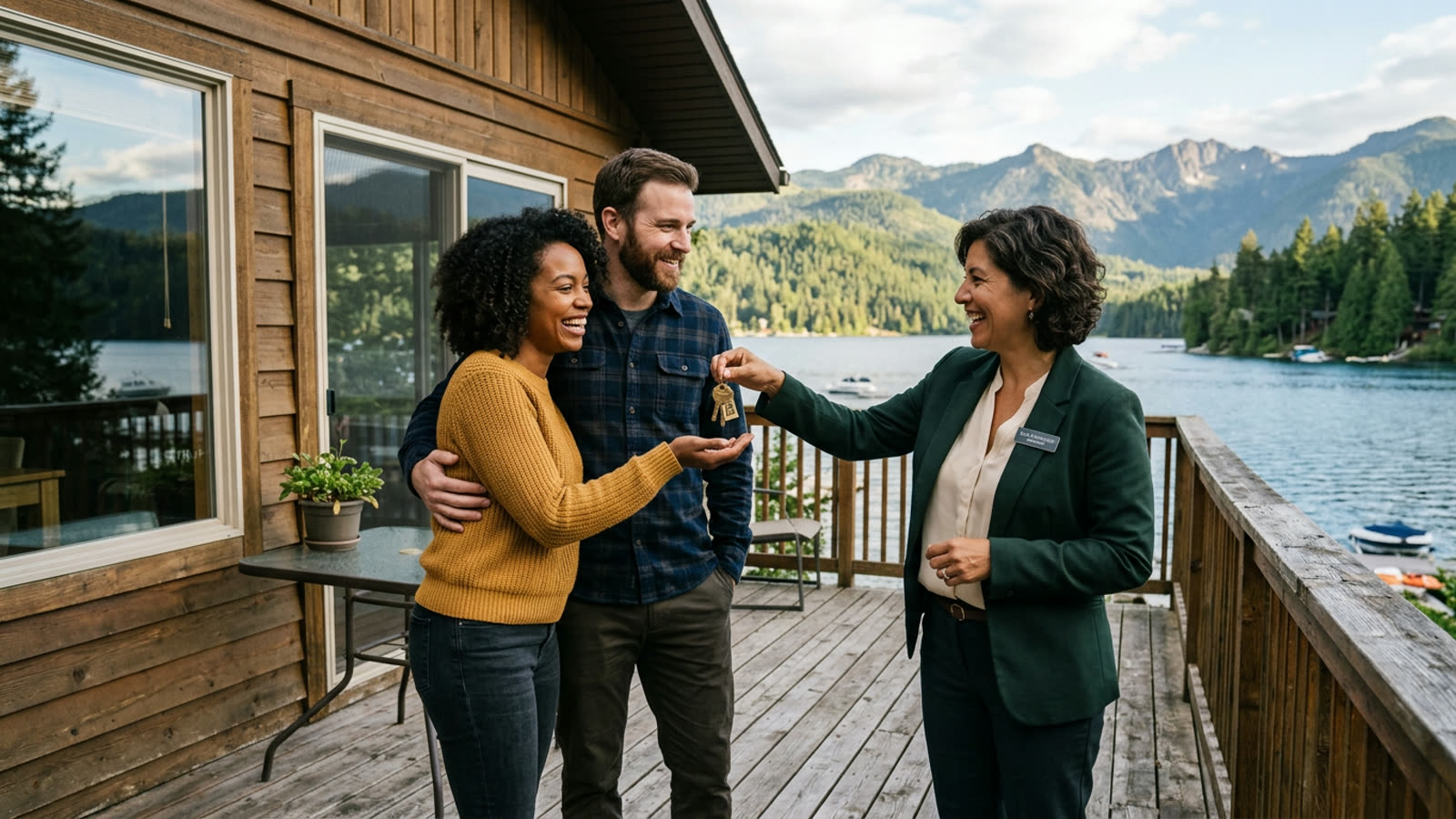 A couple standing on the deck of a lakeside vacation cabin with a real estate agent holding keys