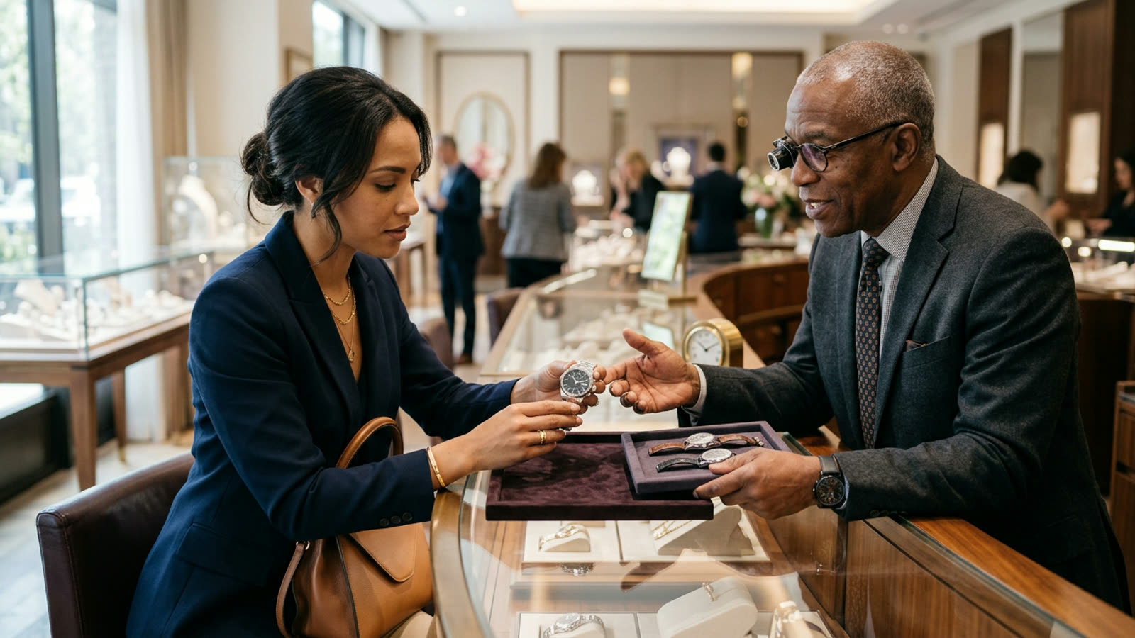 A shopper examining a fine wristwatch at a jewelry counter with a jeweler