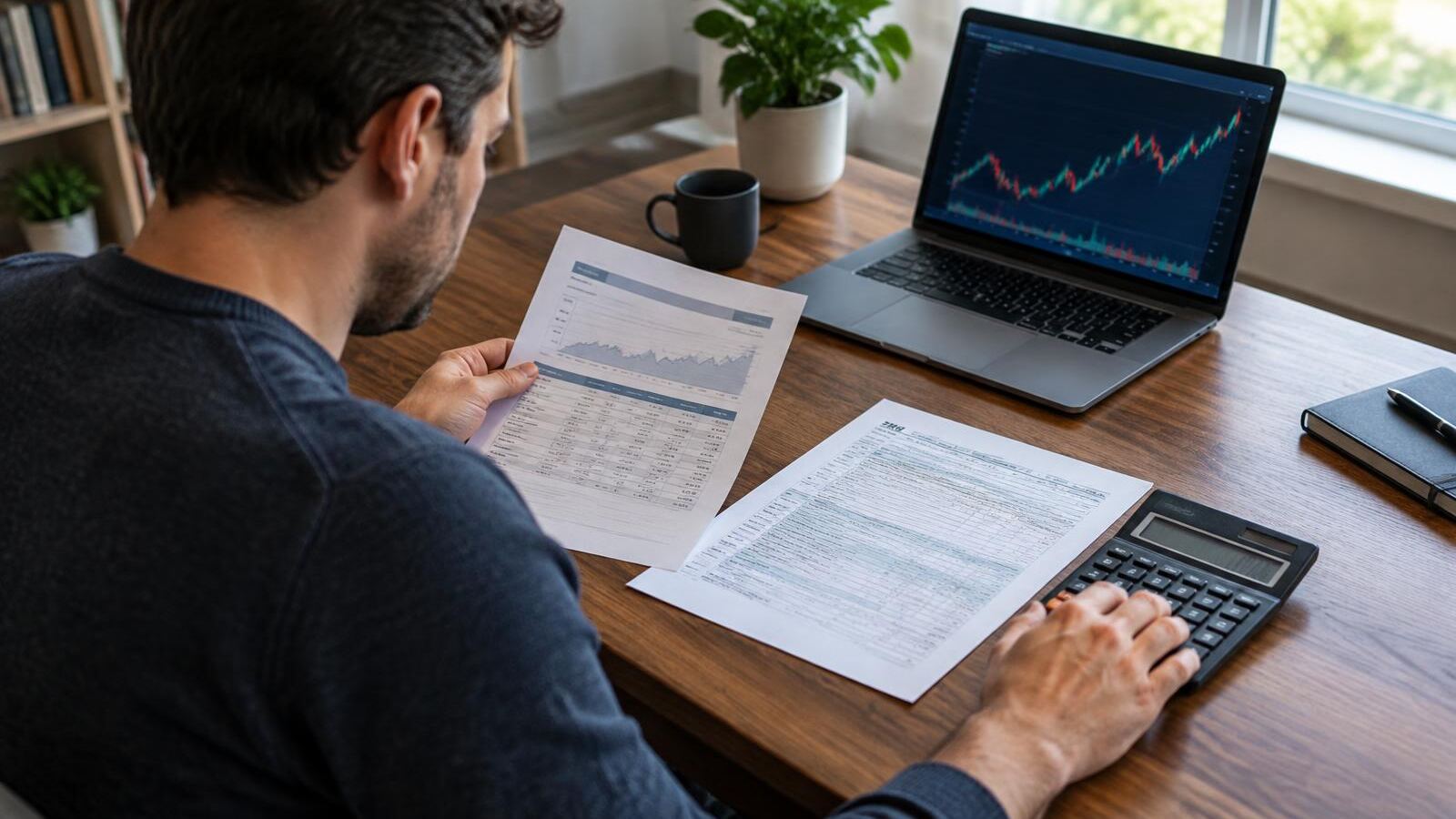 Man working out taxes with a brokerage statement, tax form and calculator