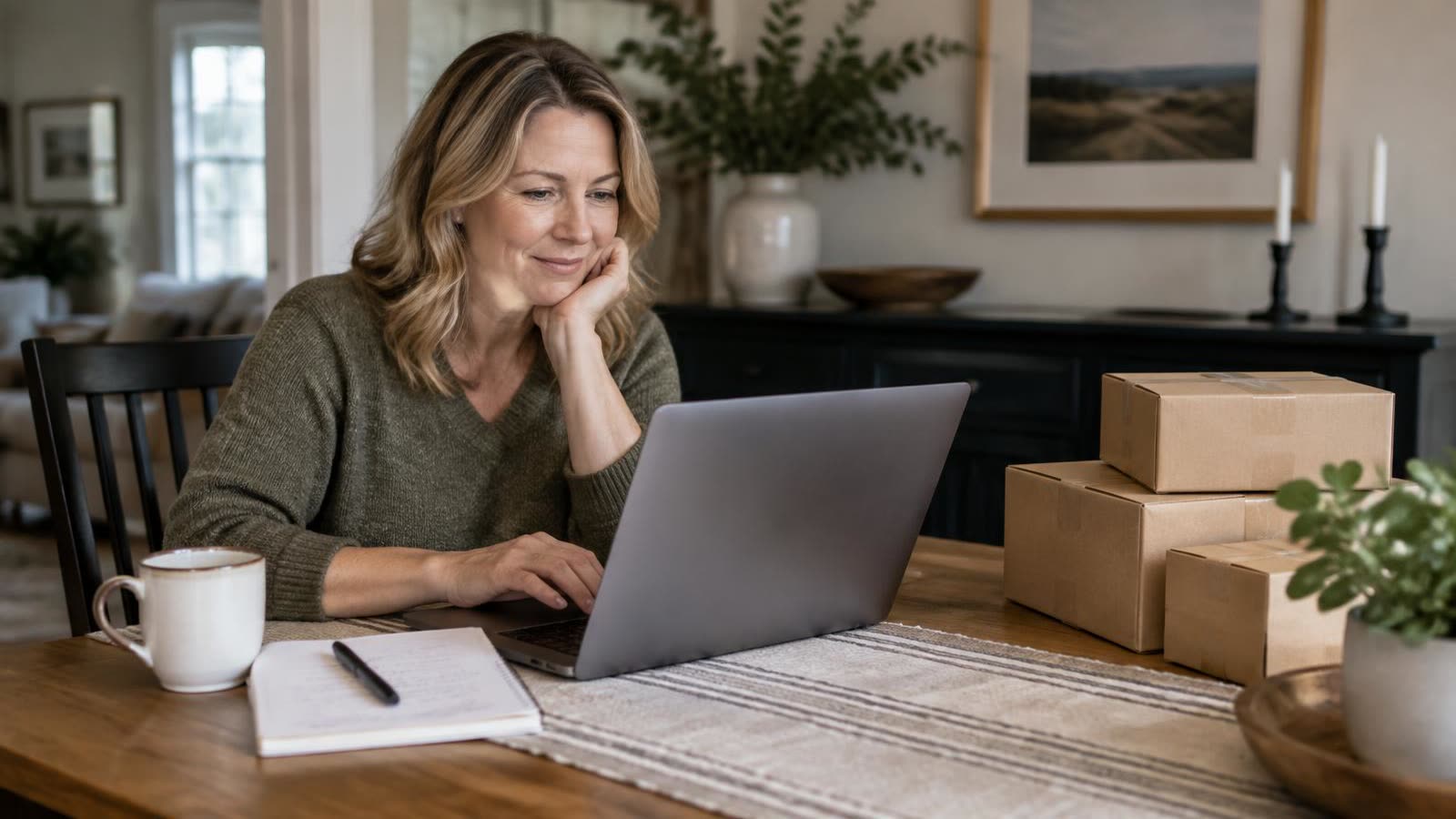 A woman shops online on her laptop with a shopping list and packages on the table