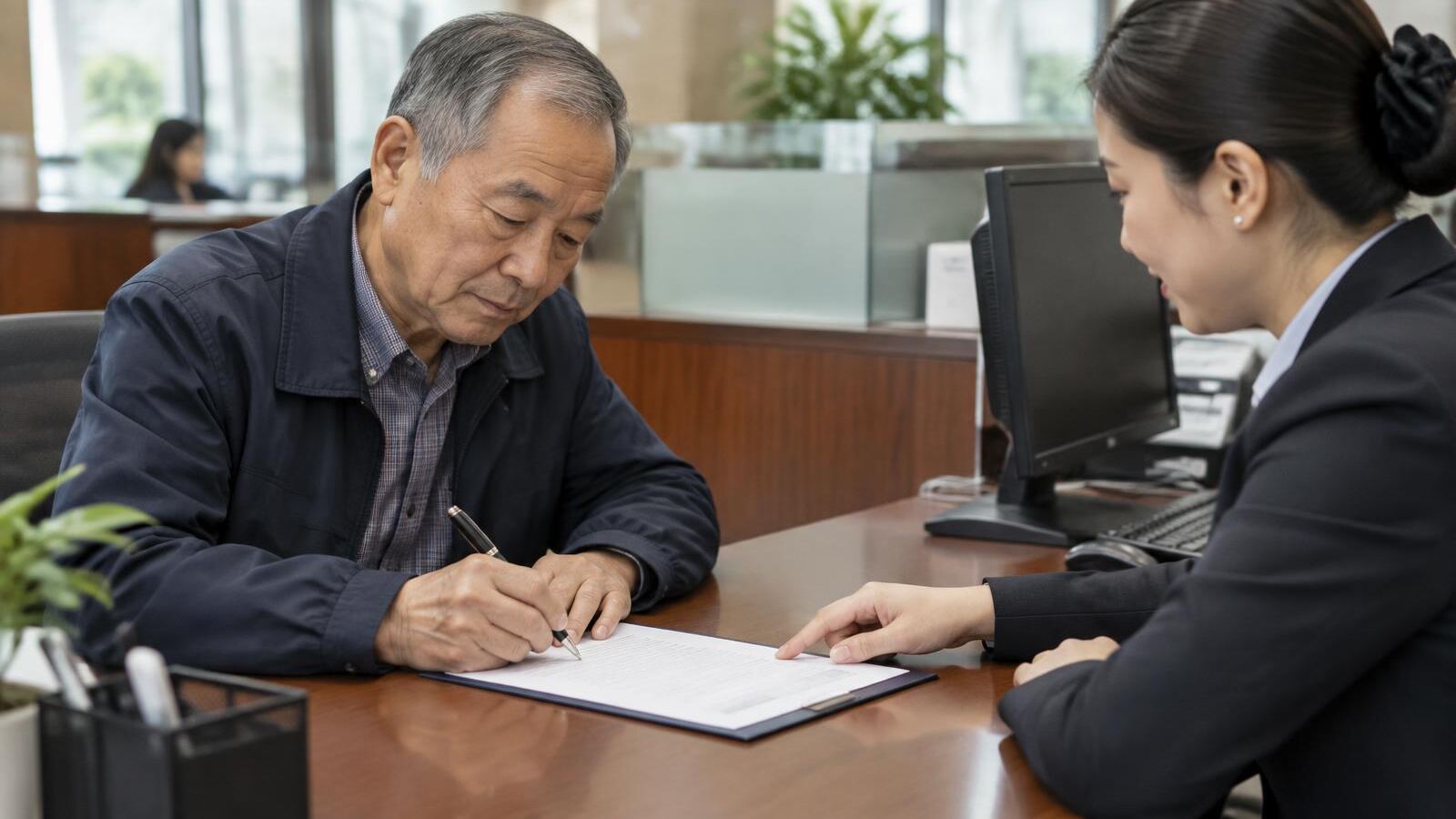 Older man signing a certificate of deposit agreement at a bank