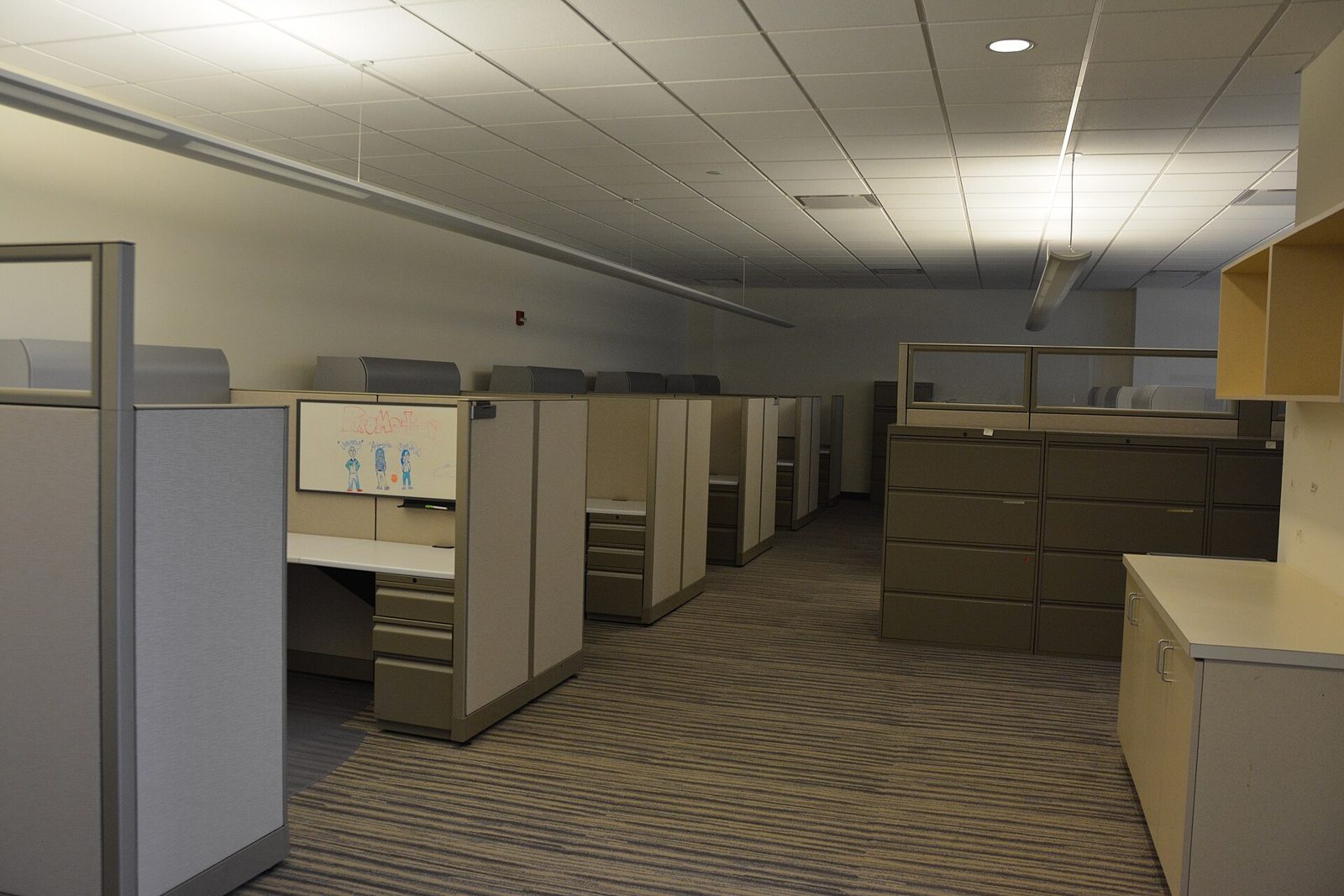 Rows of empty office cubicles in a vacant workspace.