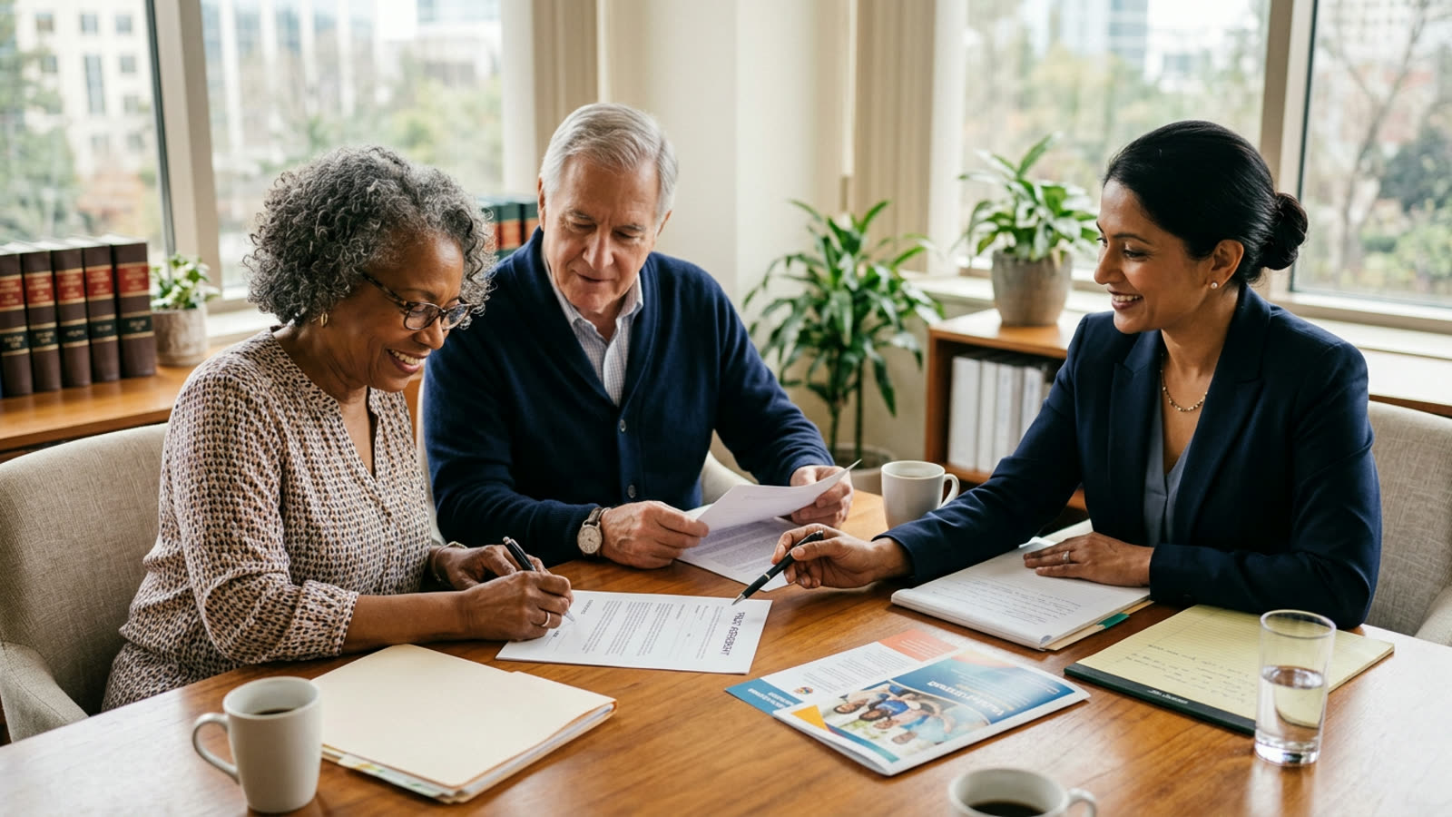 An older couple signing trust documents with an estate attorney, a charity brochure on the table