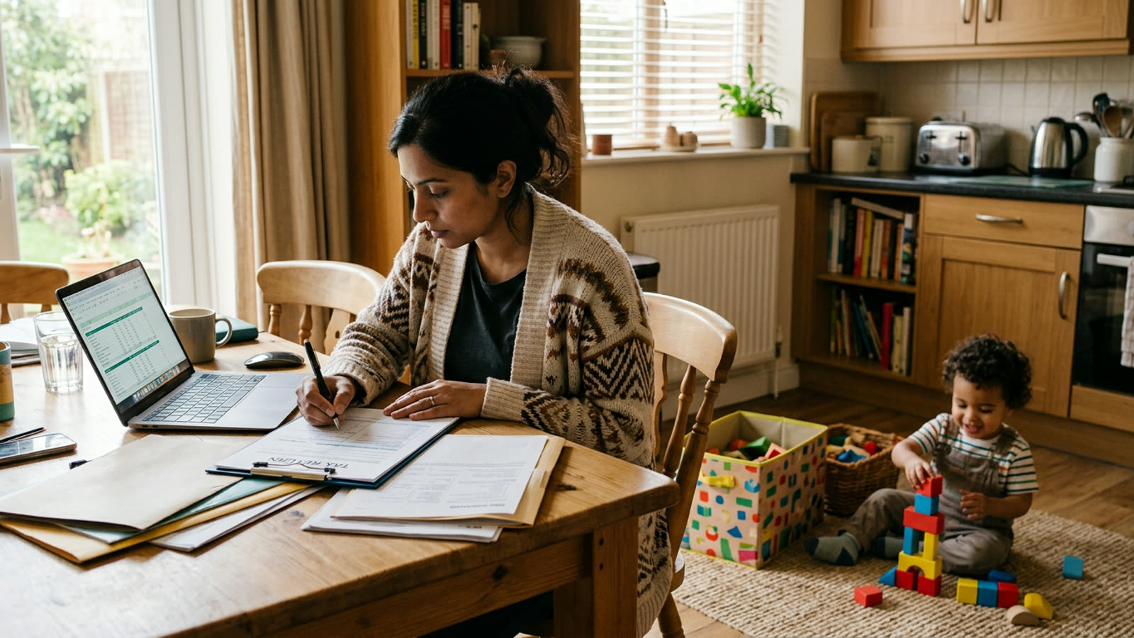 A parent at a kitchen table filling in a tax form beside a laptop, a toddler playing with blocks nearby