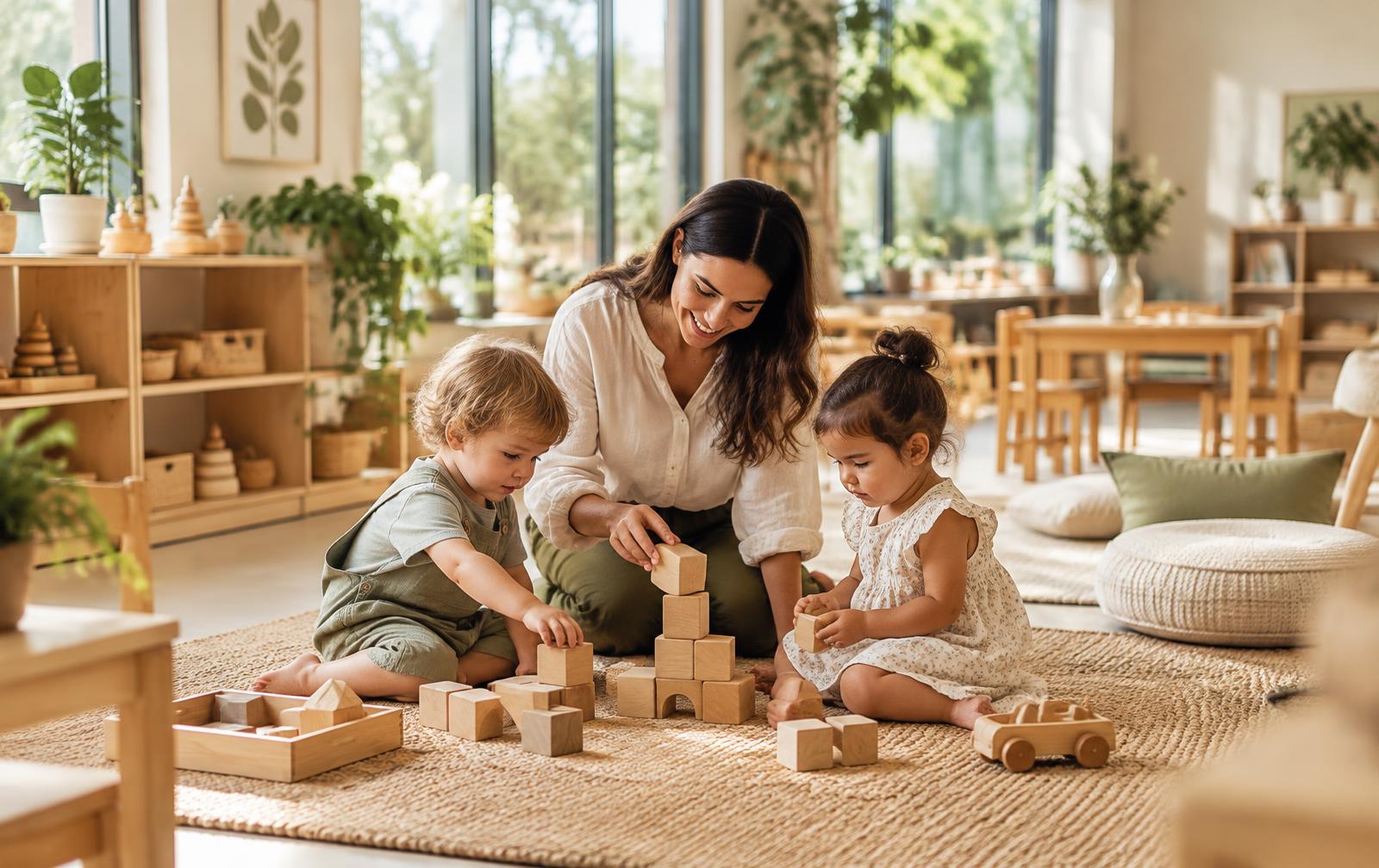 Teacher playing with wooden blocks with two toddlers in a bright, plant-filled daycare classroom