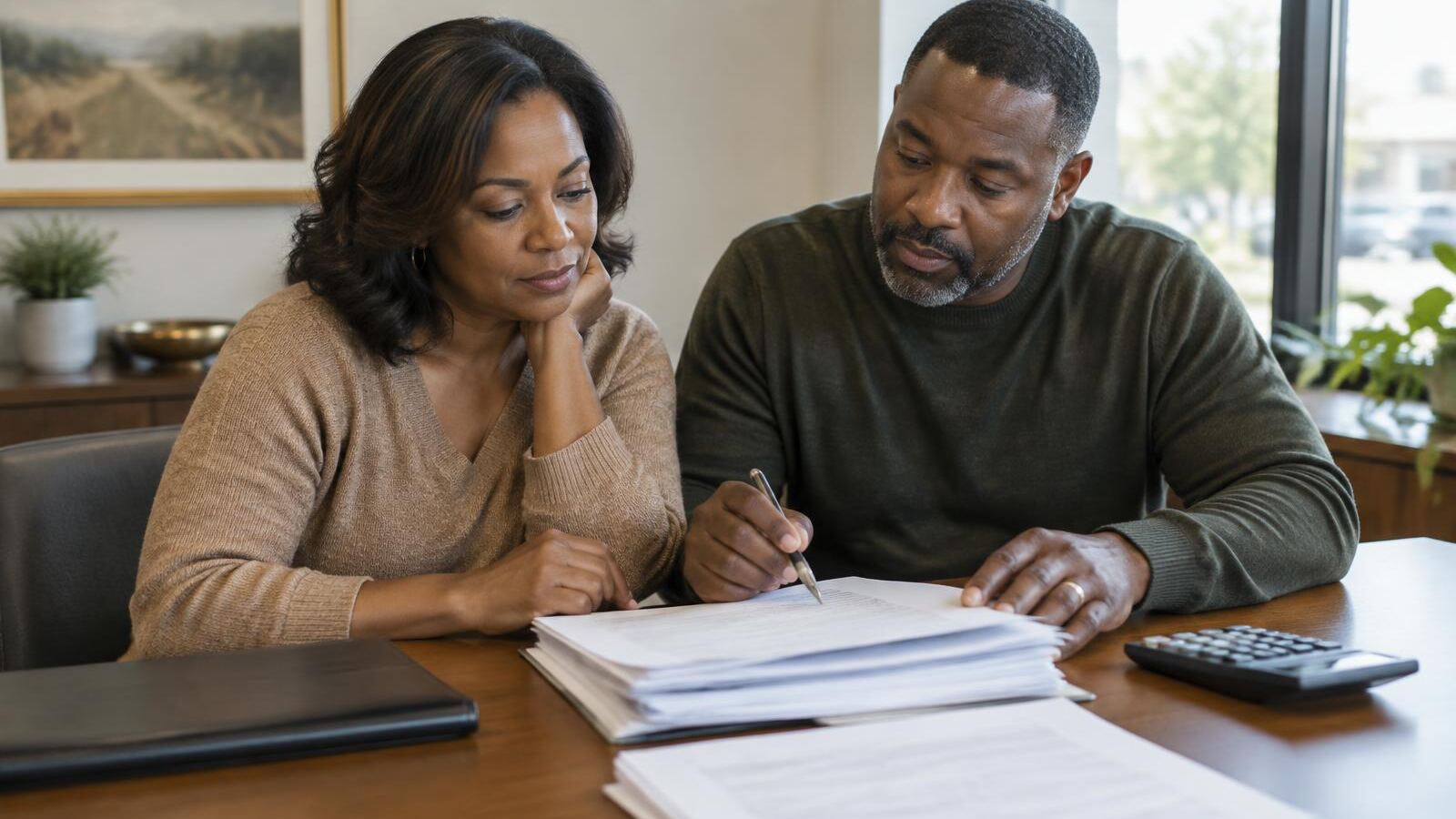 Couple reviewing a stack of closing documents with a calculator at a title office table