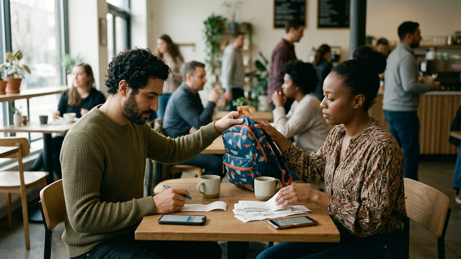Two separated parents at a cafe table calmly splitting a stack of kids' receipts with phones out, a child's backpack handed between them