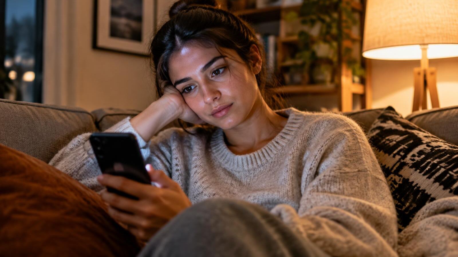 Young woman scrolling her phone on the sofa with a wistful look