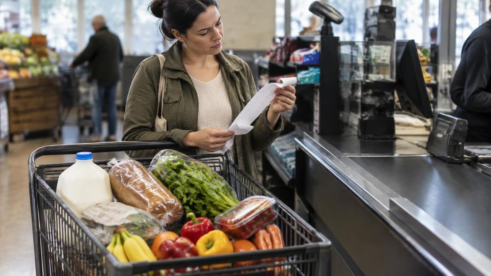 Shopper checking her receipt beside a cart of everyday groceries