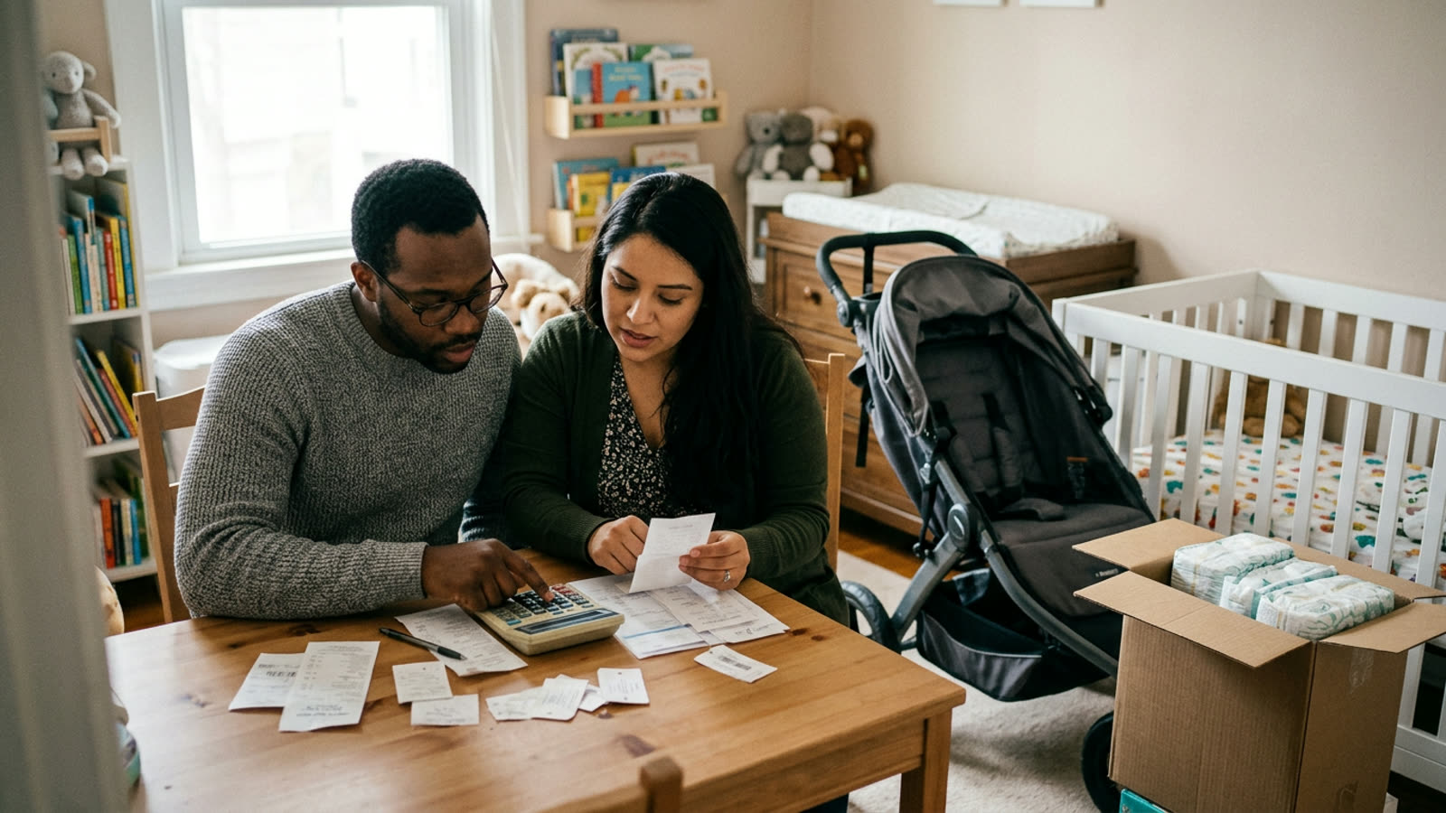 Parents in a nursery reviewing receipts and a calculator beside a crib, stroller and stacked diapers