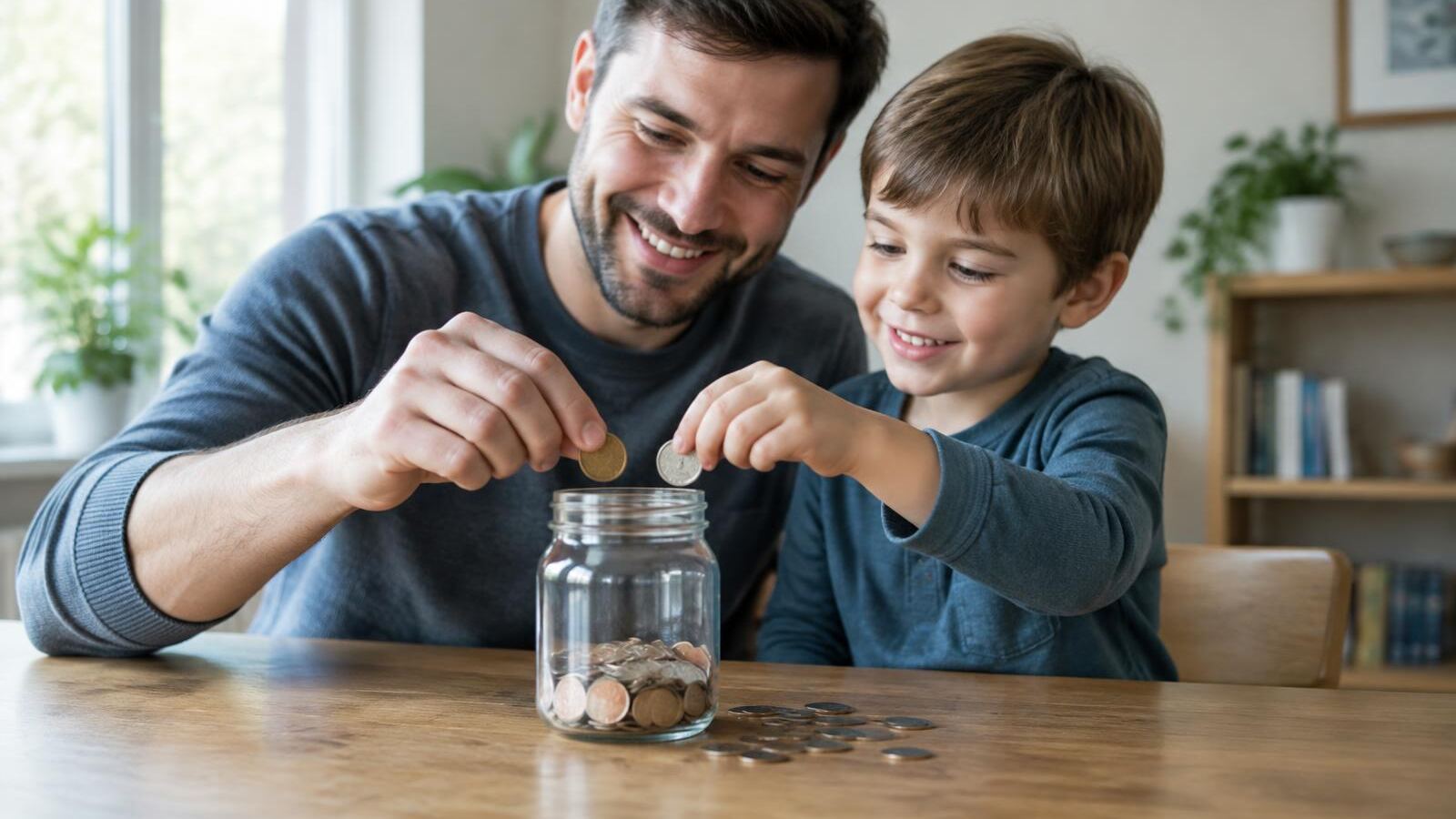 Father and son dropping coins into a glass jar