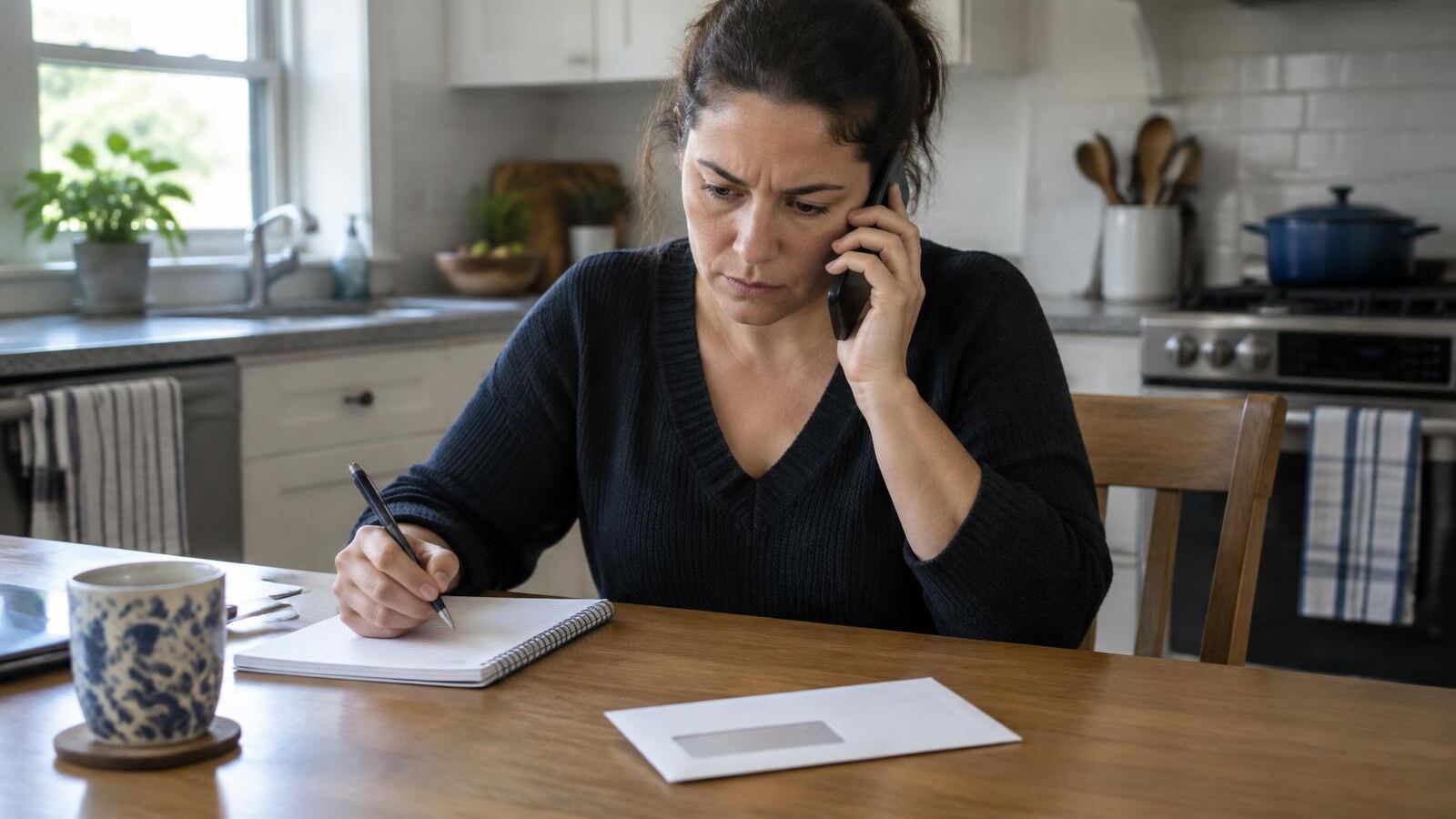 Woman taking notes during a phone call with a collection letter on the table