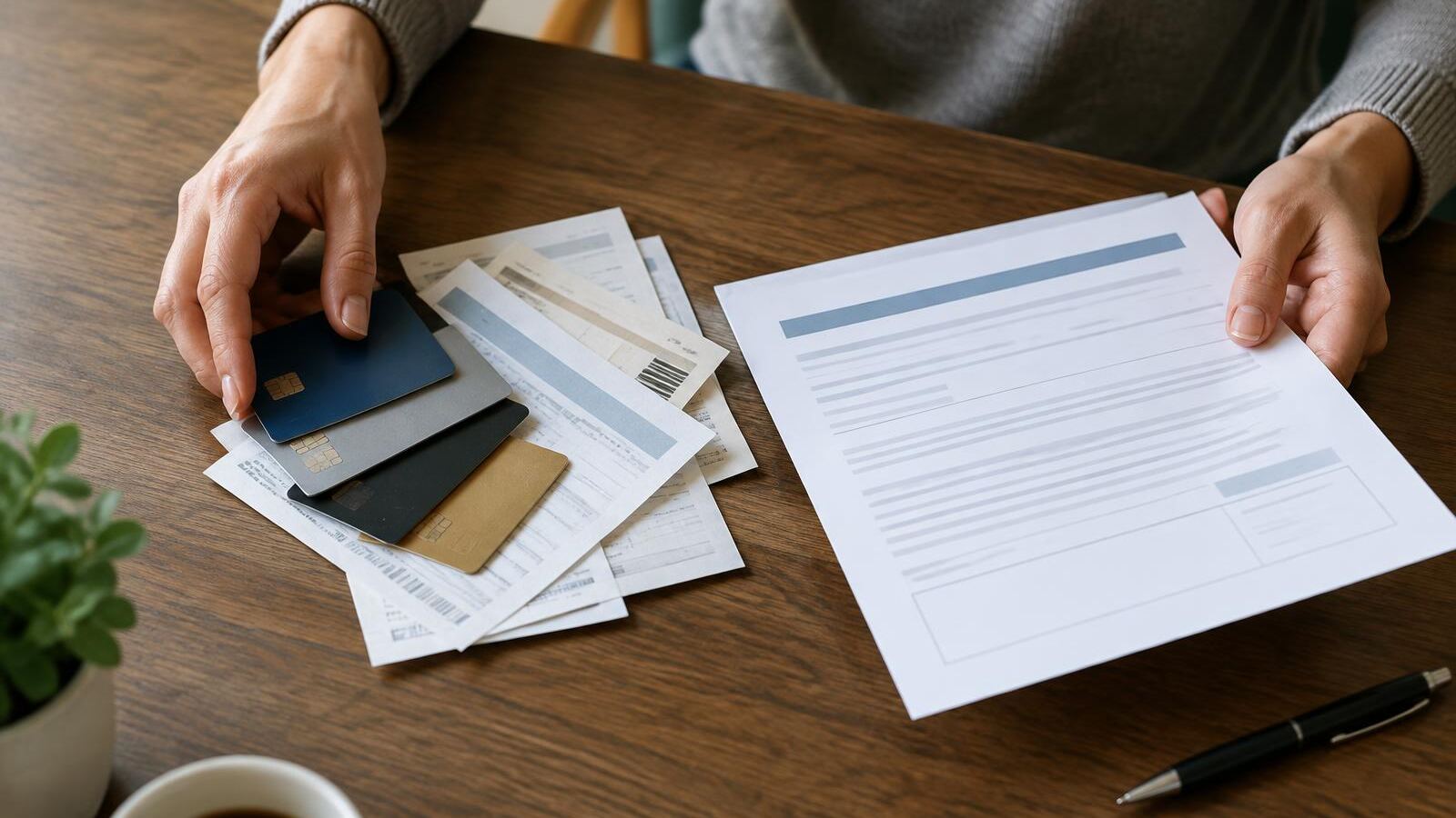 Several credit cards and bills beside a single loan document