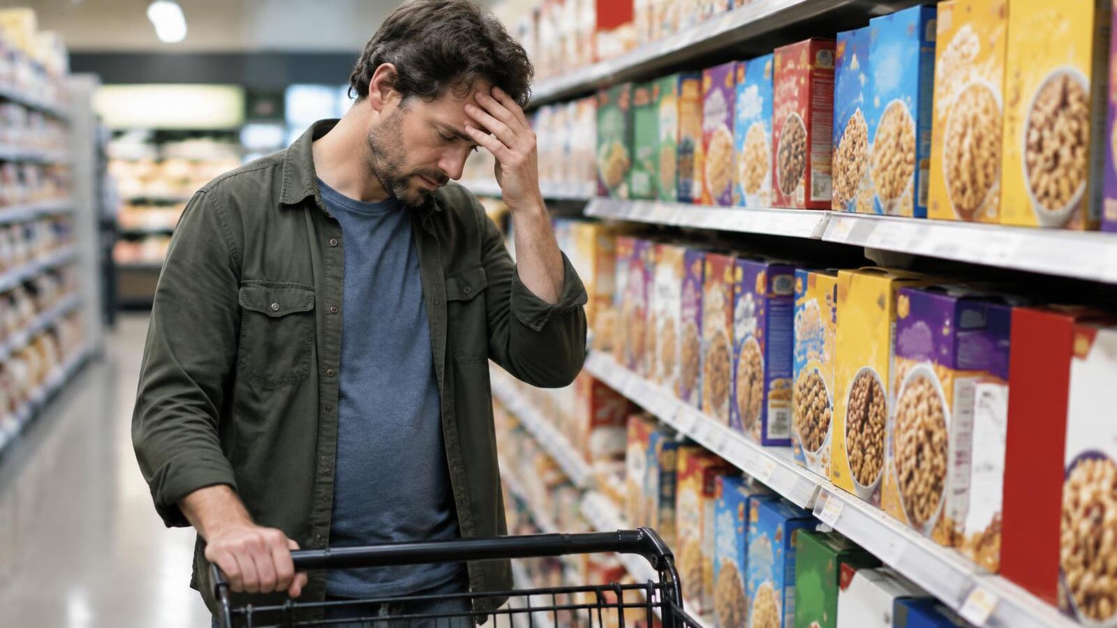 Tired shopper overwhelmed by choices in a cereal aisle