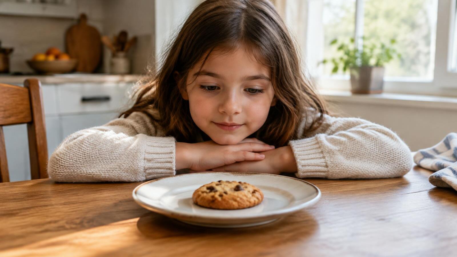 Girl patiently waiting in front of a single cookie on a plate