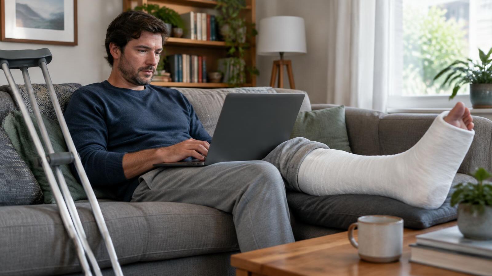 Man with a leg cast working on a laptop from the couch