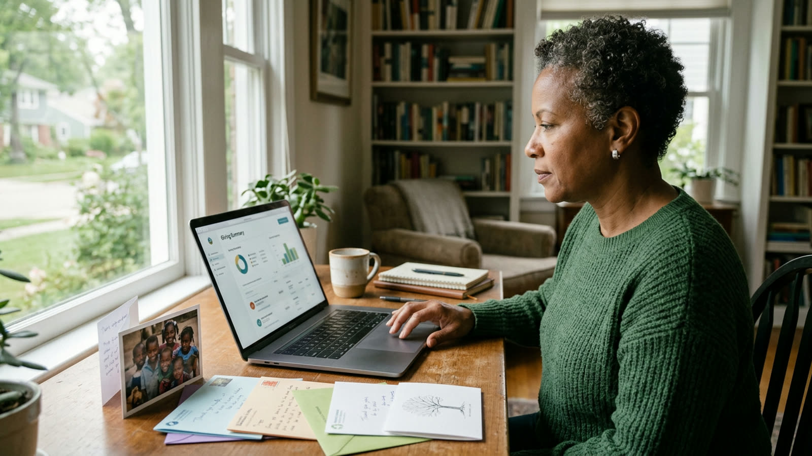 A donor at a desk reviewing a charitable giving account on a laptop, thank-you cards from charities nearby